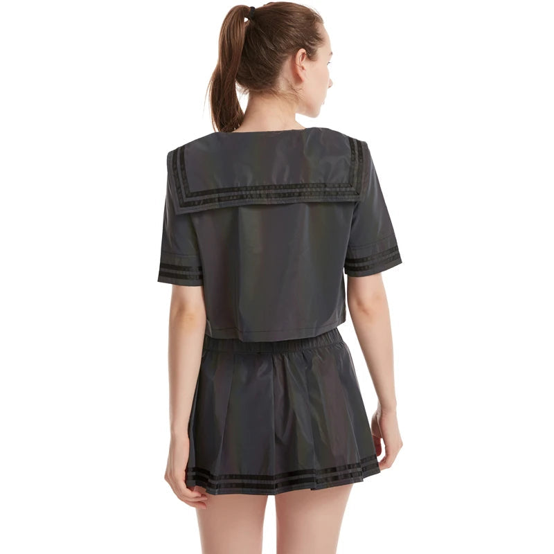 Sexy Colorful Reflective Pleated Two Piece Set – Women’s Blouse and Skirt Outfit with Kawaii Style, Trendy Streetwear Party Fashion Ensemble