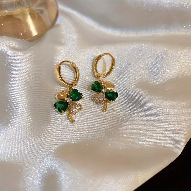 Lucky Clover Hoop Earrings – Boho Chic Rhinestone-Inlaid Alloy Statement Jewelry for Vintage Glam on St. Patrick’s Day