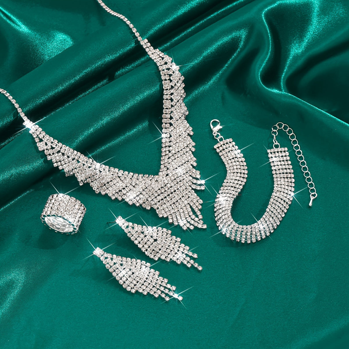 Rhinestone Women’s Jewelry Set – 4-Piece Bridal Necklace, Earrings, Ring and Bracelet for Weddings and Special Occasions