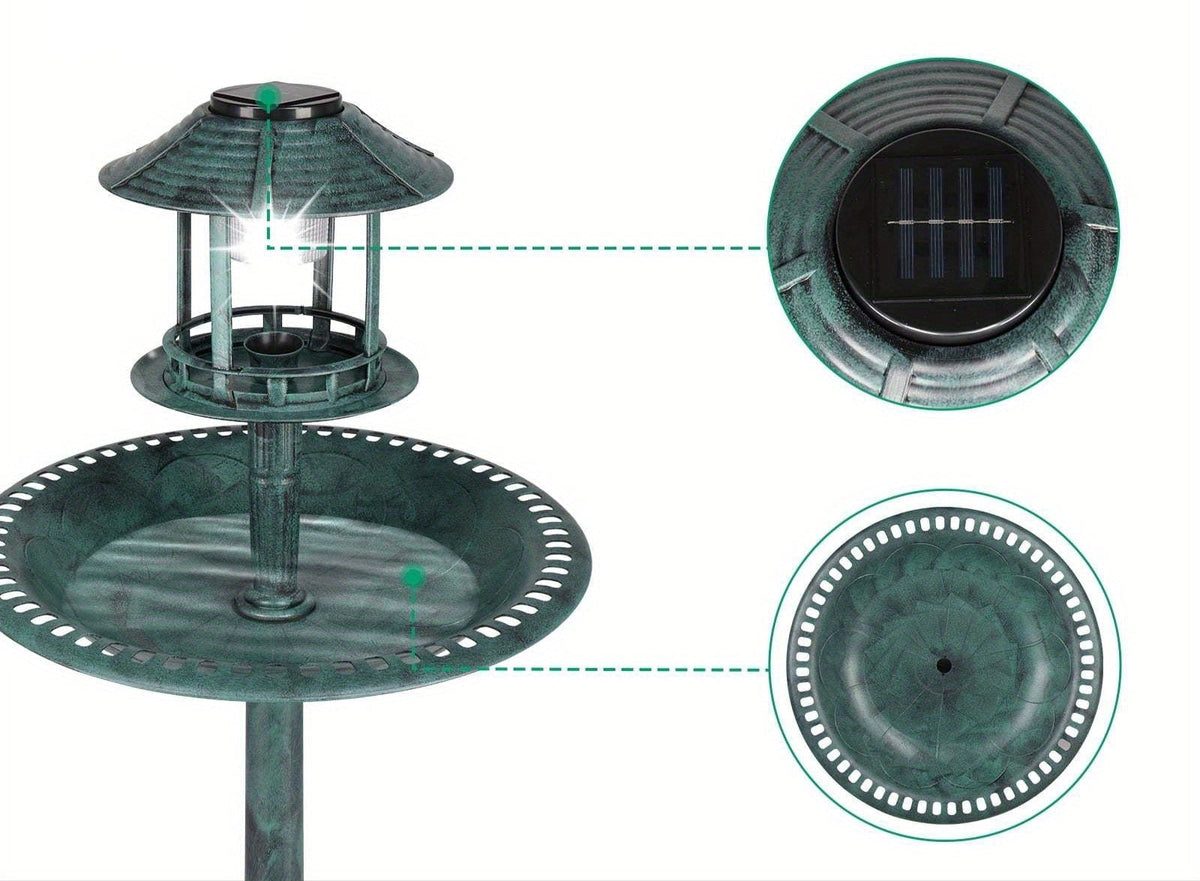Wild Bird Bath with Solar Light – Resin Pedestal Bird Feeder Bowl in Dark Green, Outdoor Garden Decor, Energy-Saving Solar Illumination for Day and Night