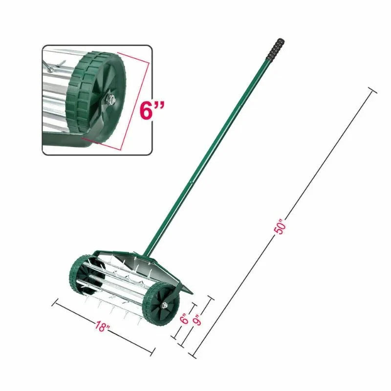Lawn Aerator - Portable Rolling Grass Spike Roller Adjustable Handle 18″