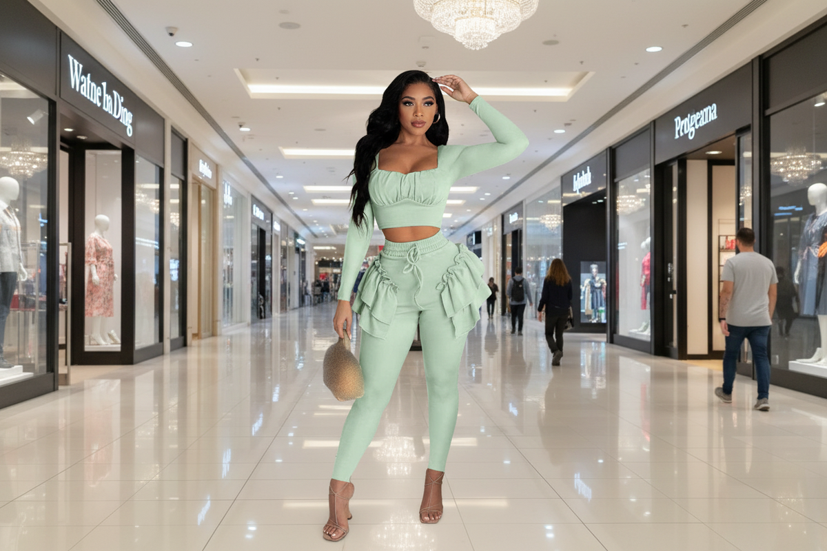 Ruched Crop Top and Ruffle Hem Pants Set – Flirty Women’s Two-Piece Outfit with Frill Details for Trendy Summer Fashion