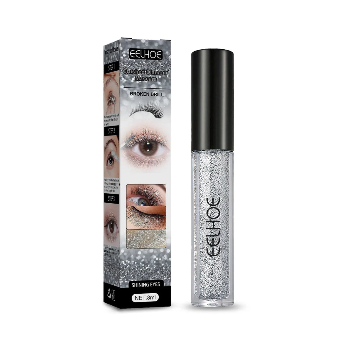 Diamond Glitter Mascara – Waterproof Galaxy Silver Sequins for Thick, Long-Lasting Eyelashes with Intense Curl Shine