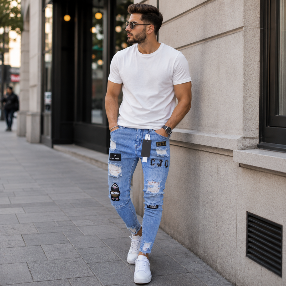 Stretch Cotton Men's Ripped Skinny Jeans - Slim Fit Denim Pants with Distressed Holes, Casual Hip Hop Streetwear Trousers for Daily Wear