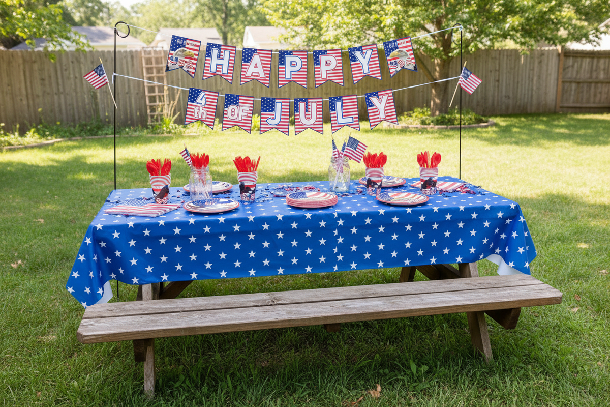 Patriotic 4th of July Party Decor Set – 170pcs American Flag Themed Plates, Cups, Tablecloths & Banner for Independence Day Celebrations, Fireworks Parties & Patriotic Events