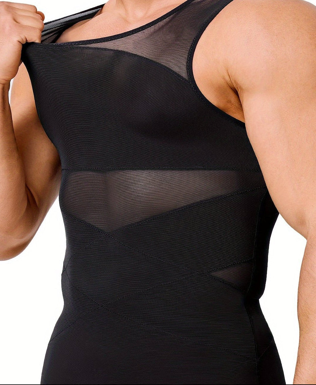 Men’s High-Stretch Nylon Spandex Tank Top – Crew Neck Compression Vest with Mesh Contrast & Skinny Fit Design