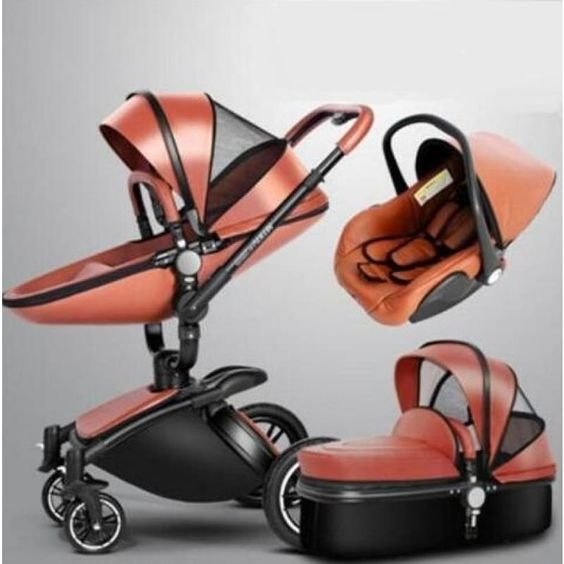 Baby Stroller - 3 in 1 Luxury Leather Aluminum Frame Stroller