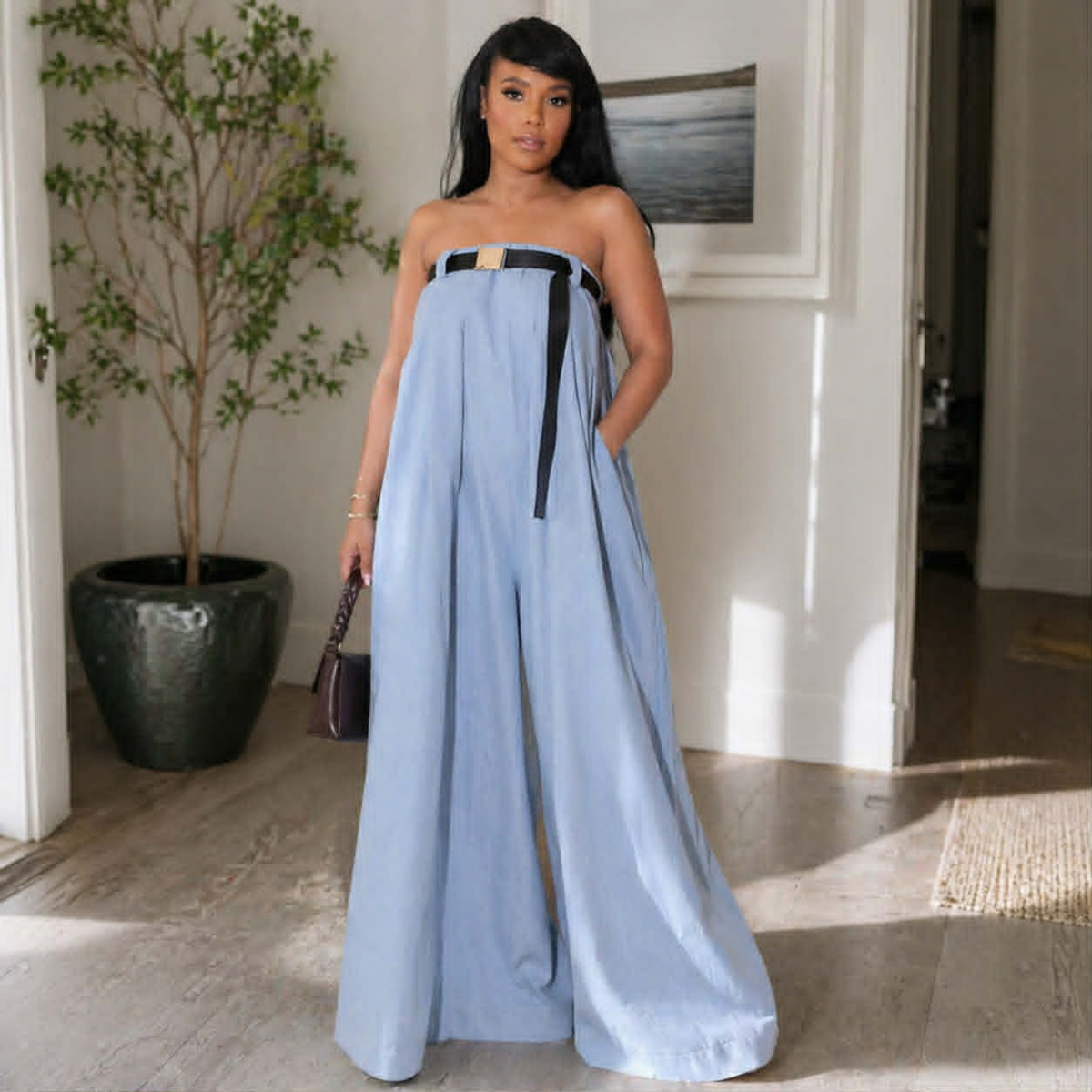 Casual Slash Neck Women’s Wide Leg Jumpsuit – Bodysuit with Sash Belt, Loose Fit Outdoor Fashion Outfit for Daily Wear