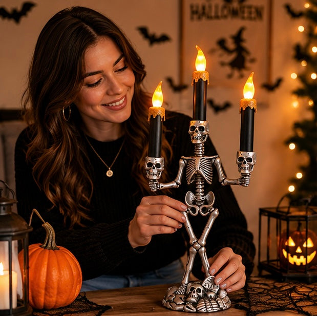 Halloween Skull Candlestick Holder – LED Flameless Candle Stand Horror Prop for Spooky Haunted House Party and Gothic Room Décor