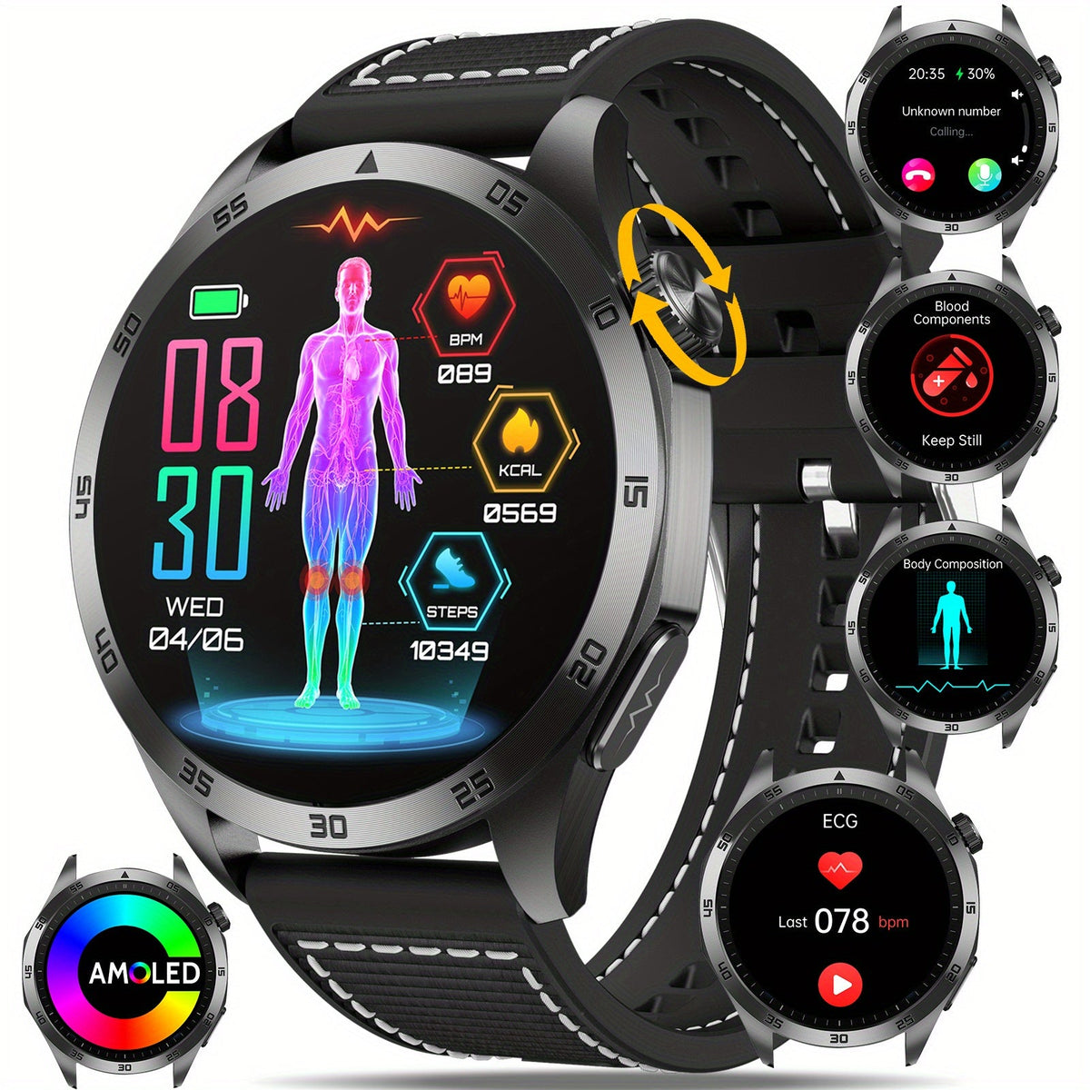 AMOLED Smartwatch – Multi-Sport Fitness Tracker with SOS, Voice Assistant & Long Battery for Android & iOS