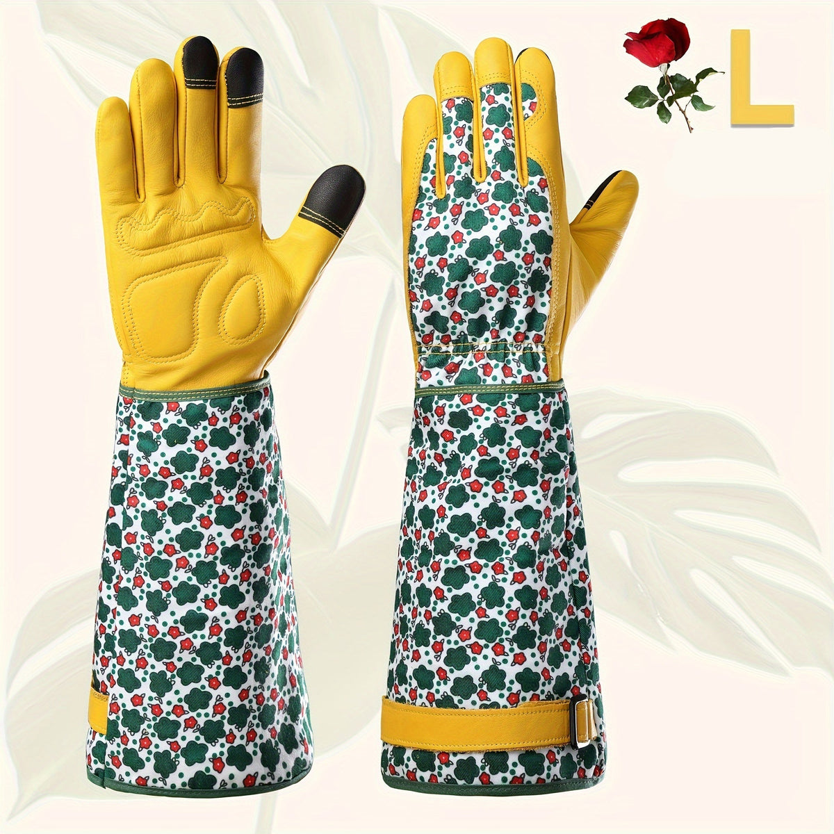 Women’s Gardening Gloves – Durable Green Floral Print Thorn-Proof Cowhide Gauntlet with Touchscreen Feature, Breathable Yard Work Accessory
