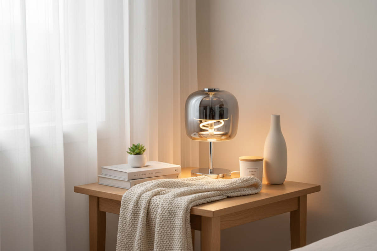 Nordic Smoke Gray Glass Table Lamp – High Transparency Decorative Bedside Lamp for Living Room and Club Decor