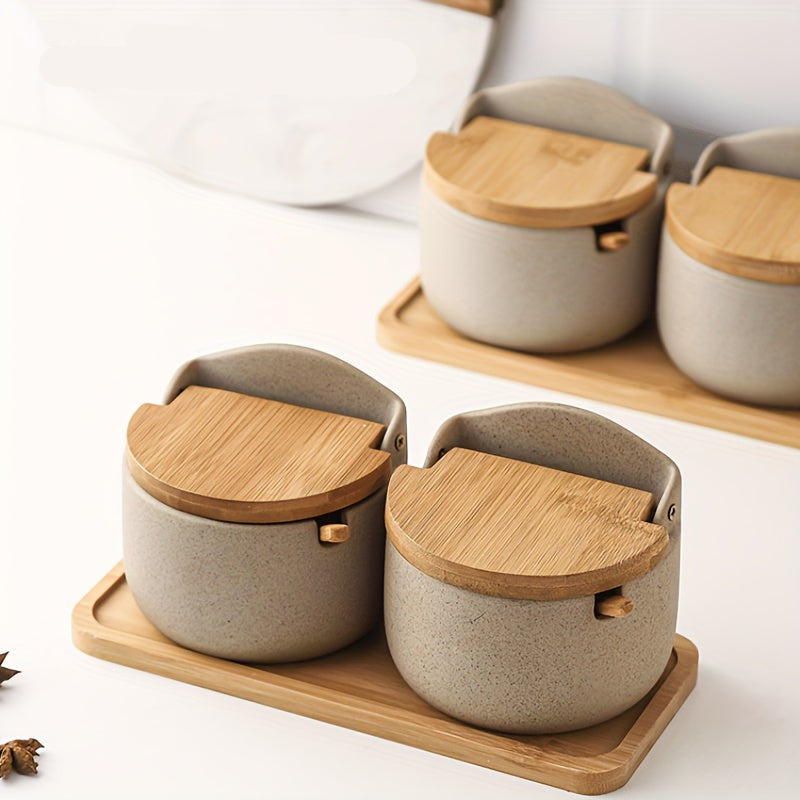 Japanese Ceramic Seasoning Jar Set – Elegant Salt and Sugar Containers with Bamboo Lids for Organized and Stylish Kitchen or Restaurant Use
