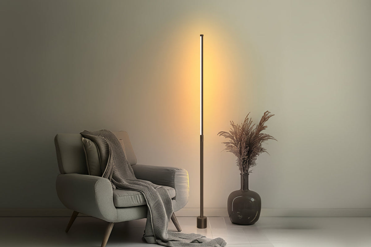 Minimalist LED Corner Floor Lamp – Dimmable Mood Lighting with Slim Black Stand for Modern Interior Spaces