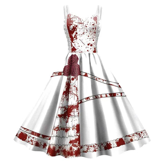 Women’s Halloween Skeleton Rose Dress – Elegant Gothic Print Rockabilly Costume for Carnival, Party, or Christmas Holiday Celebrations
