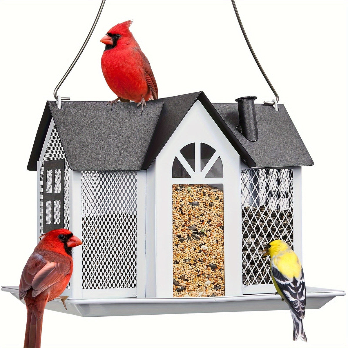 Triple-Tube Bird Feeder House- Weatherproof Mesh Feeder for Cardinals, Finches, Chickadees & Wild Backyard Birds