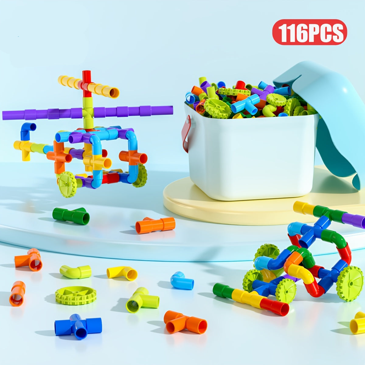 Creative Water Pipe Building Blocks – STEM Educational Tube Toys with Wheels Baseplate for Boys and Girls