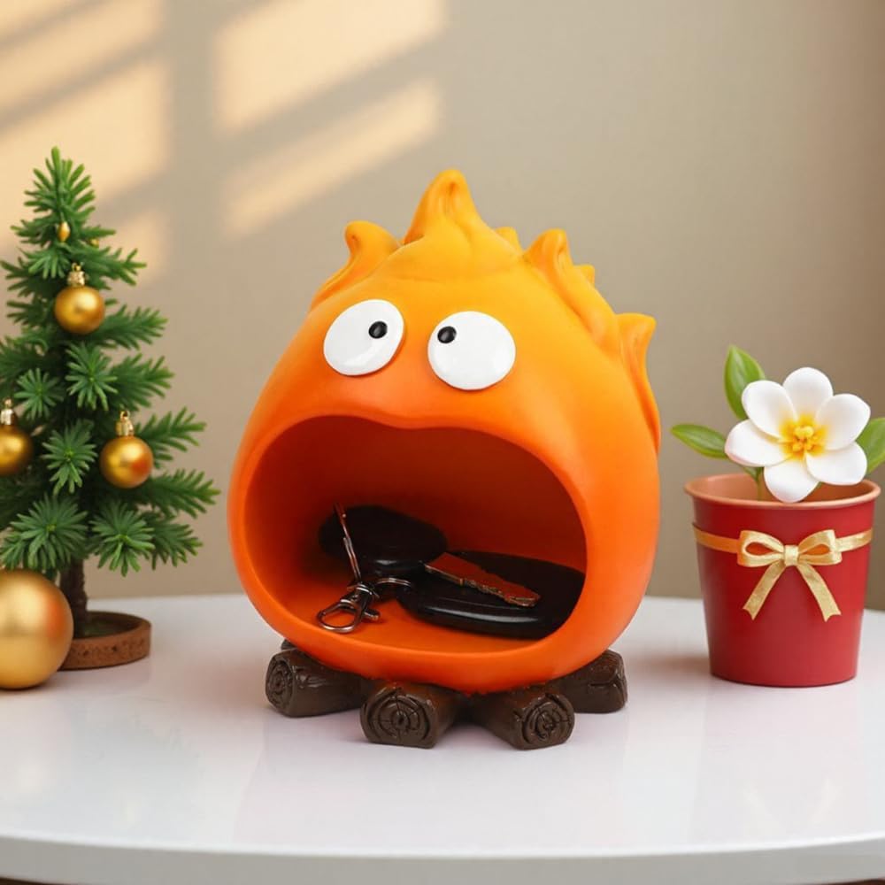 Flame Figurine Resin Key Bowl- Cute Yellow Anime-Inspired Entryway Tray for Keys or Coins with Funny, Eye-Catching Desk Design