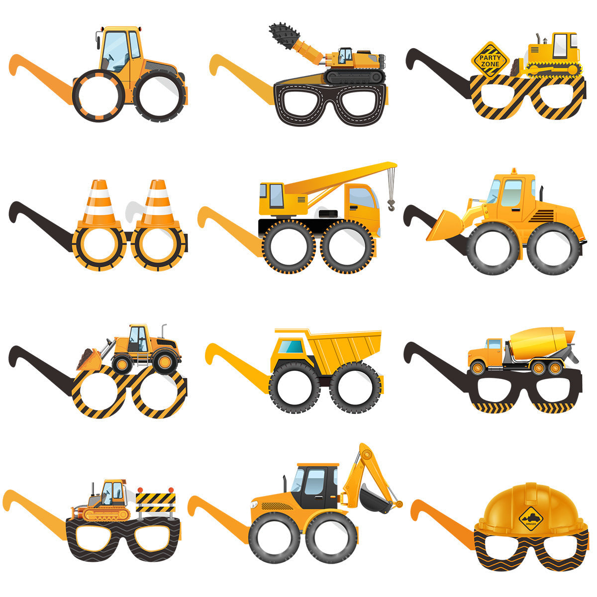 Construction Party Glasses 12-Pack – Fun Paper Eyewear with Truck & Engineering Vehicle Designs for Kids’ Birthday Celebration