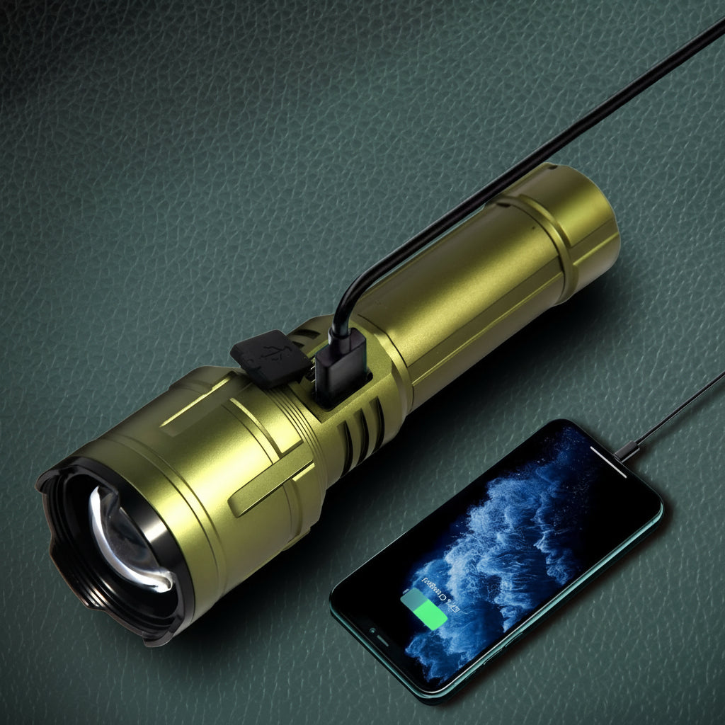 Green Zoom Outdoor Camping Flashlight – Torch with Adjustable Focus & High-Power Beam Capable of Igniting Fire