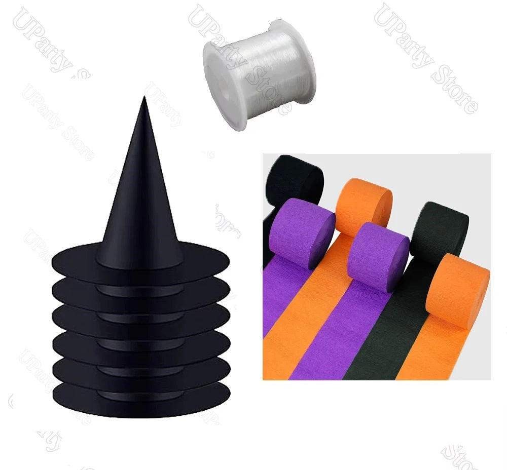 Halloween Hanging Witches Hats – Bulk Black Wizard Hats with Rope for Outdoor Porch Party Decoration and Favors