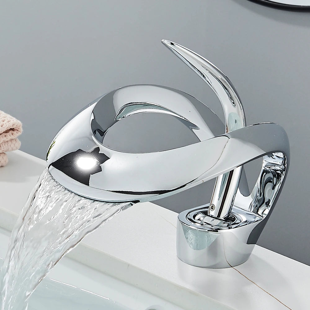 Solid Brass Waterfall Basin Faucet – Single Handle Hot and Cold Mixer Tap for Modern Bathroom Sink Installation