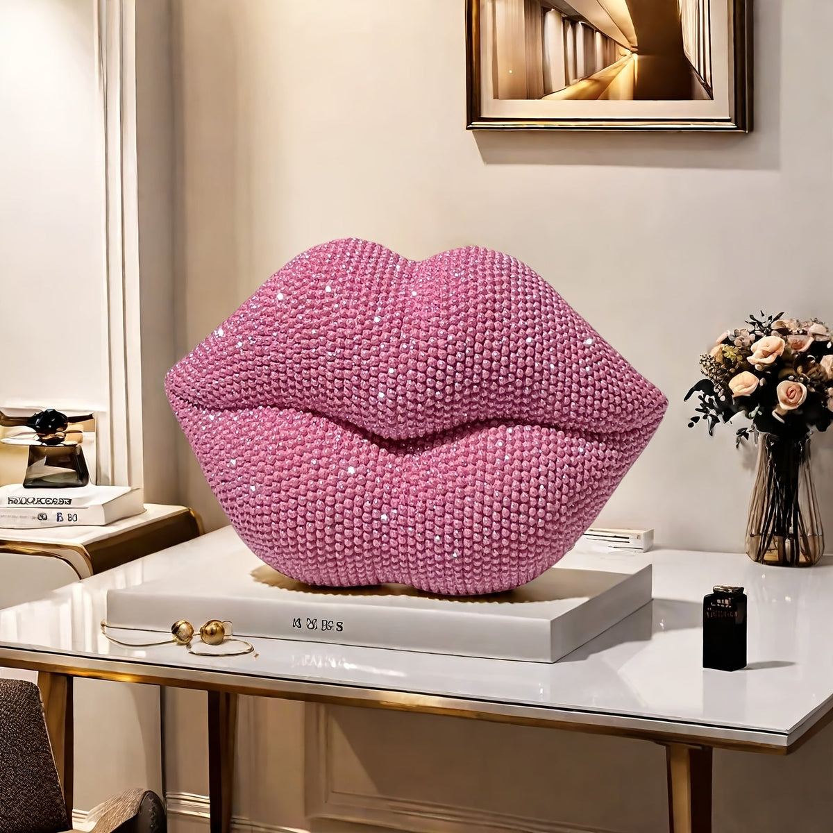 Pink Beaded Lips Statue Decor – Resin Love-Themed Art for Home, Office, Bedroom, Bar, Hotel, Bathroom – Perfect for Weddings, Valentine’s Day, and Romantic Gifts, Indoor Decoration | Beaded Texture | Sleek Finish, Perfect for Thanksgiving