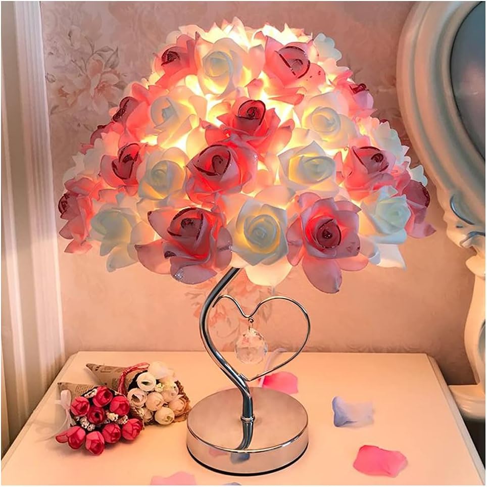 Pastoral Style Pink Table Lamp – Heart-Shaped Crystal Night Light for Bedrooms, Romantic Decorative Lighting and Perfect Gift for Girls, Teen Rooms, and Cozy Spaces