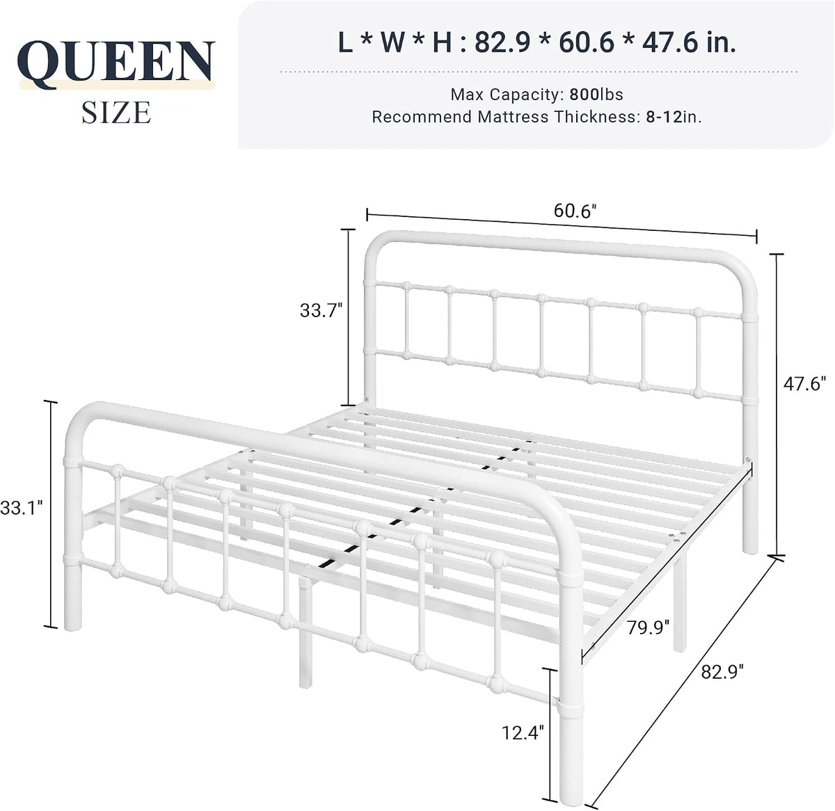Queen Metal Bed Frame with Victorian Iron-Art Headboard
