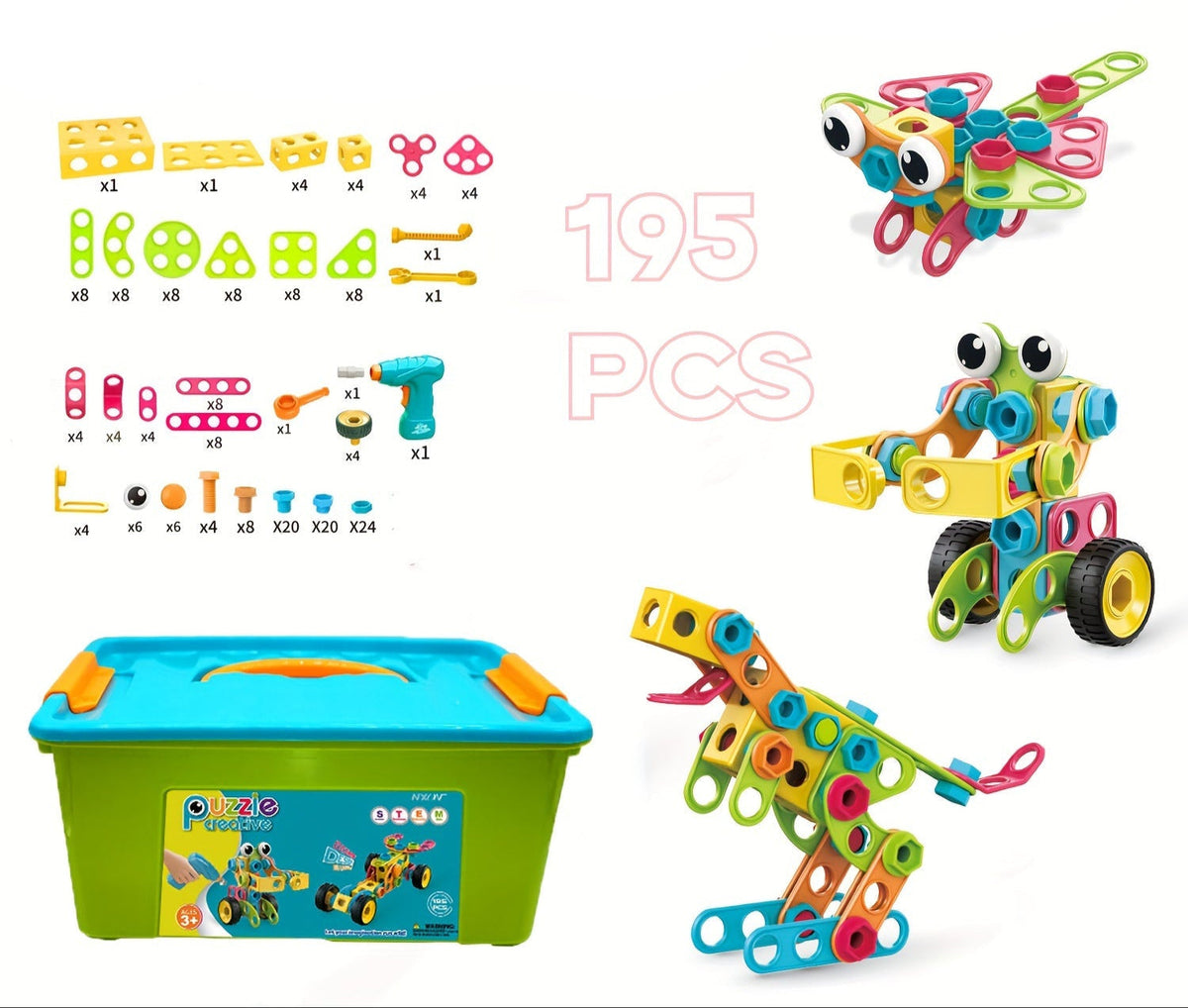 Educational STEM Building Blocks Set – 195pcs Creative Construction Toys for Kids 3+ with Storage Box for Learning Play