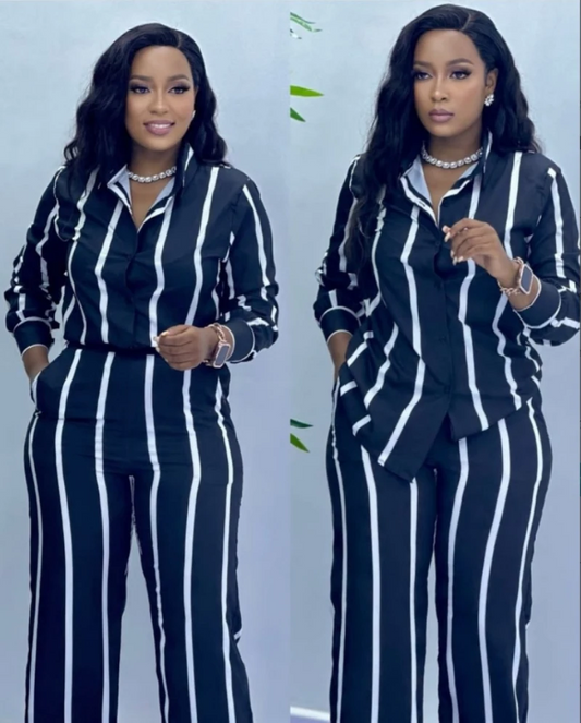 African Fashion Two Piece Set Striped Long Sleeve – Button Shirt and Wide-Leg Pants for Chic Seasonal Style