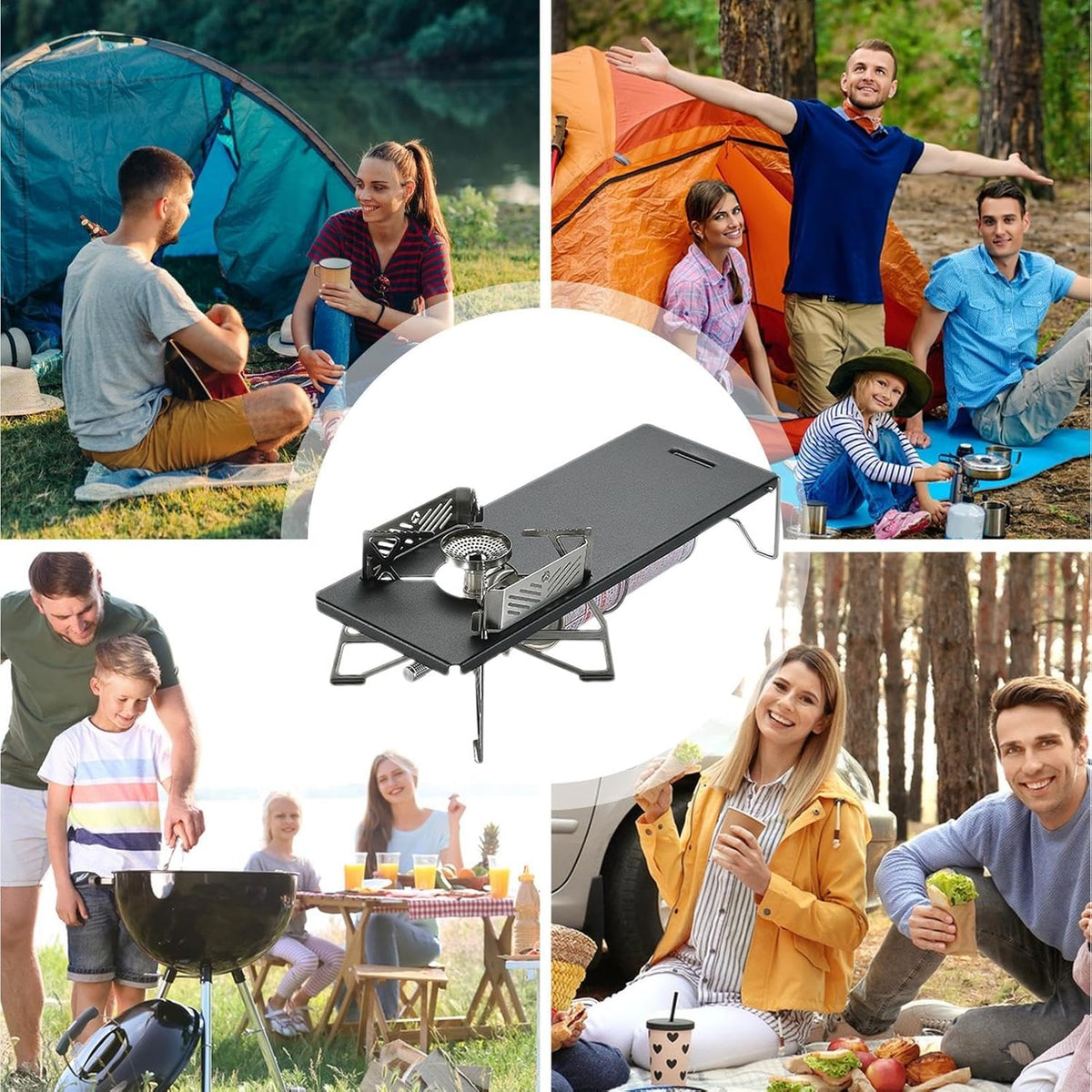 Portable Black Camping Kitchen Set – Foldable Table with Stove Rack and Accessories for Outdoor Cooking, BBQ, and Travel Setup