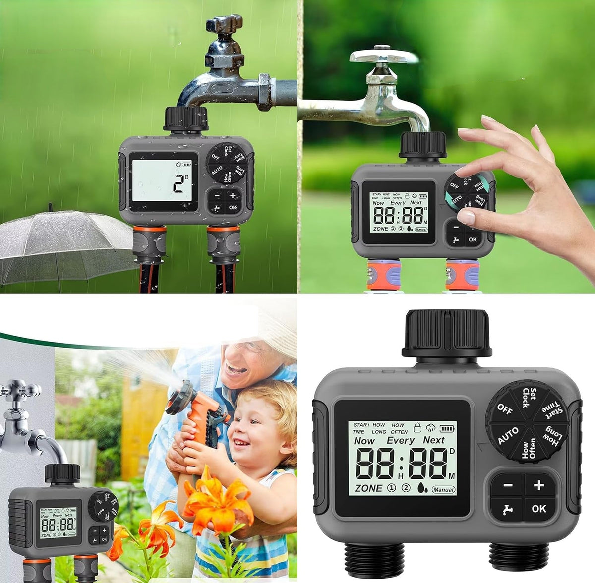 Dual-Outlet Automatic Water Timer – 3/4" IPX5 Smart Irrigation Controller with Programmable Schedule for Garden & Lawn Care