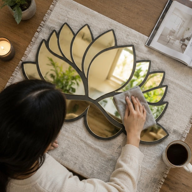 Acrylic Lotus Wall Mirror - Modern Decorative Hanging Mirror with Wooden Frame, Stylish Home Decor for Living Room Bedroom
