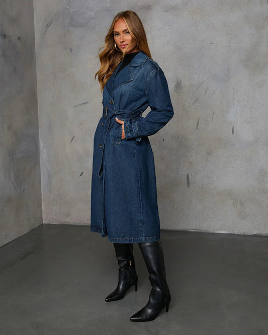 Women’s Long Denim Trench Coats- Autumn Belted Jacket with Elegant Double-Breasted Style