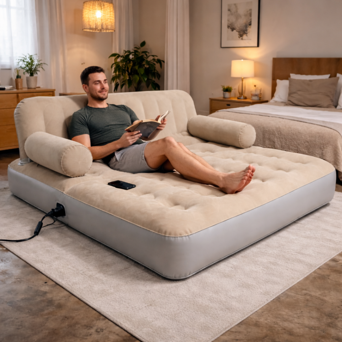 Automatic Double Inflatable Sofa – Foldable Camping Air Couch with Backrest for Outdoor Napping, RV & Home Use