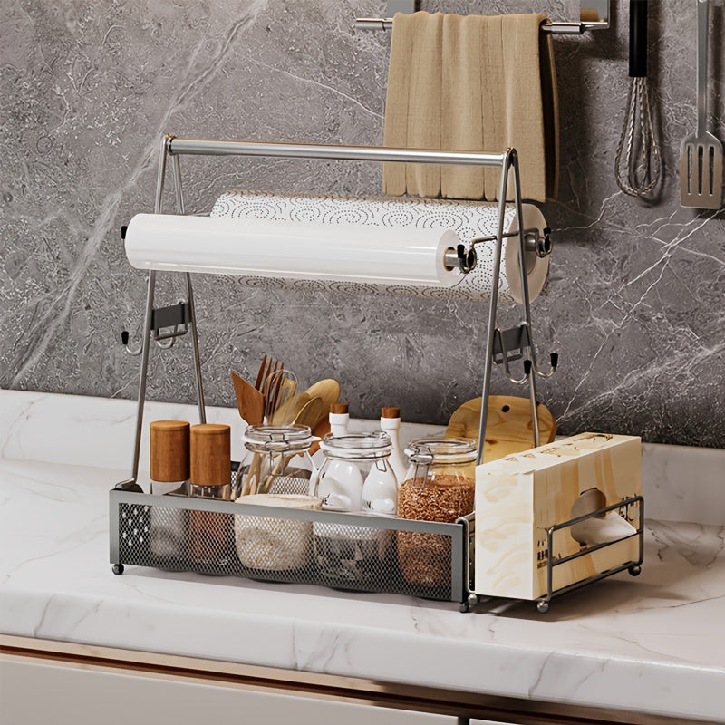 Metal Utensil Caddy with Paper Towel Holder – Sturdy Picnic and Camping Organizer for BBQ Essentials, Kitchen Tools, and Outdoor Dining Convenience