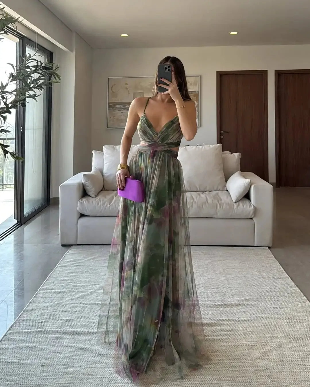 Sexy Hollow-Out Party Maxi Dress – Women’s Summer Print Sleeveless Lace-Up Vestido for Lounge, Outdoor Events or Evening Glamour