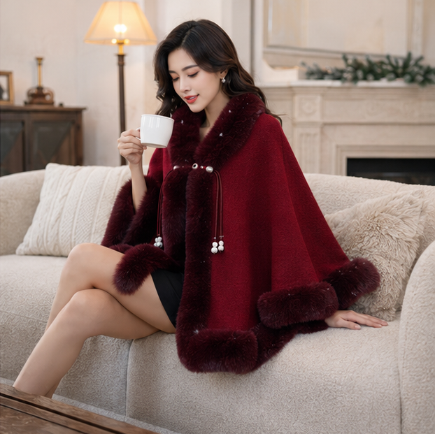 Women’s Faux Fur Cape Shawl – Chinese Style Qipao Poncho Coat with Thick Plush Design, Elegant Autumn Winter Outerwear for Sophisticated Cold Weather Fashion
