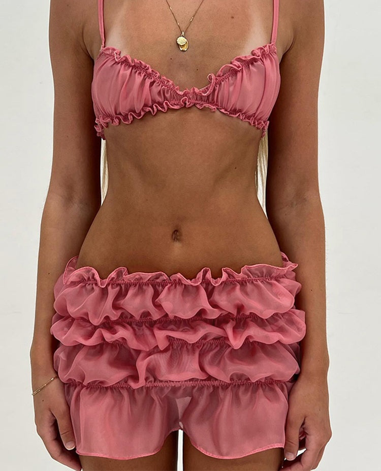 Women’s Ruffled Two-Piece Set – Summer Beach Camisole and Ruched Skirt Outfit for Vacation or Club Party Style