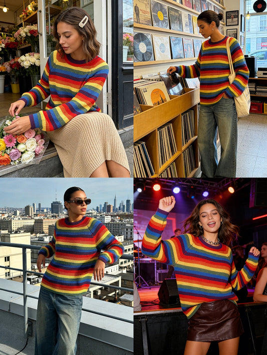 Women's Rainbow Striped Sweater – Oversized Vintage Knit Pullover with Long Sleeves for Casual Autumn Winter Fashion and Cozy Layering
