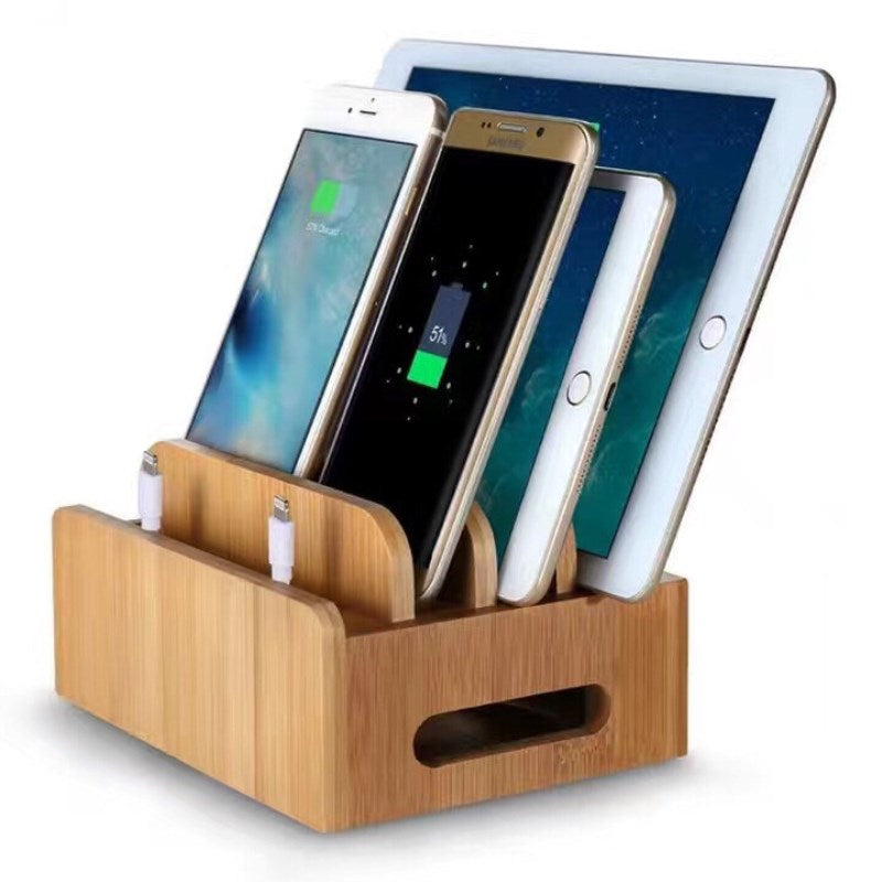 Bamboo Phone Charging Station – Wooden Organizer Stand for iPhone, Samsung, Tablets and USB Cables, Perfect for Home Office Desks