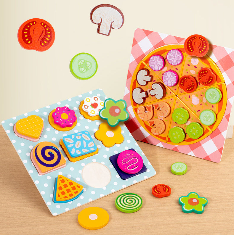 Wooden Donut Pizza Cookie Puzzle Set – Pretend Food Educational Toy for Kids with Matching, Sorting and Creative Kitchen Roleplay Fun