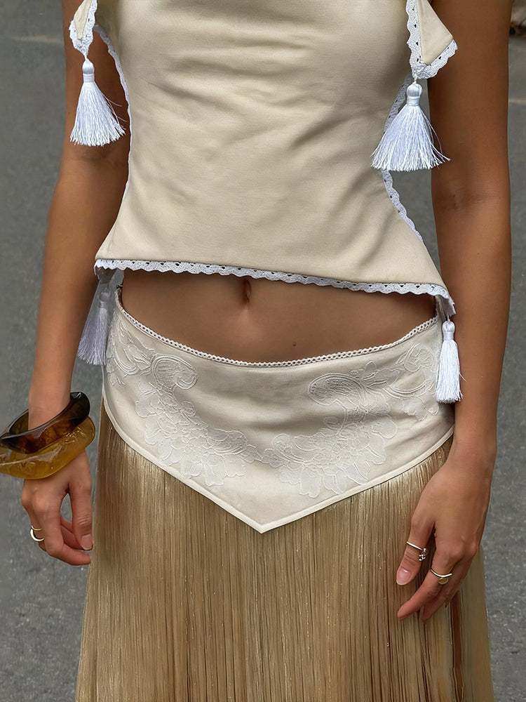Kliou Halter Crop Top and Maxi Skirt Set – Sexy Backless Bandage Outfit with Tassel Details for Elegant Party Styling