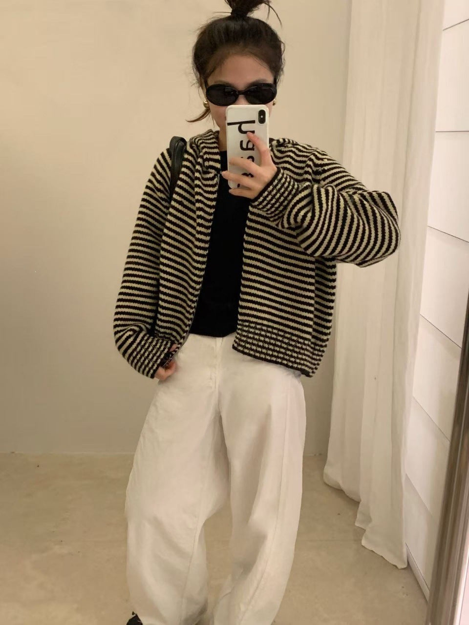 Retro Striped Knit Cardigan – Women's Zip Up Hooded Sweater with Loose Fit, Short Coat Design and Korean Autumn Winter Style