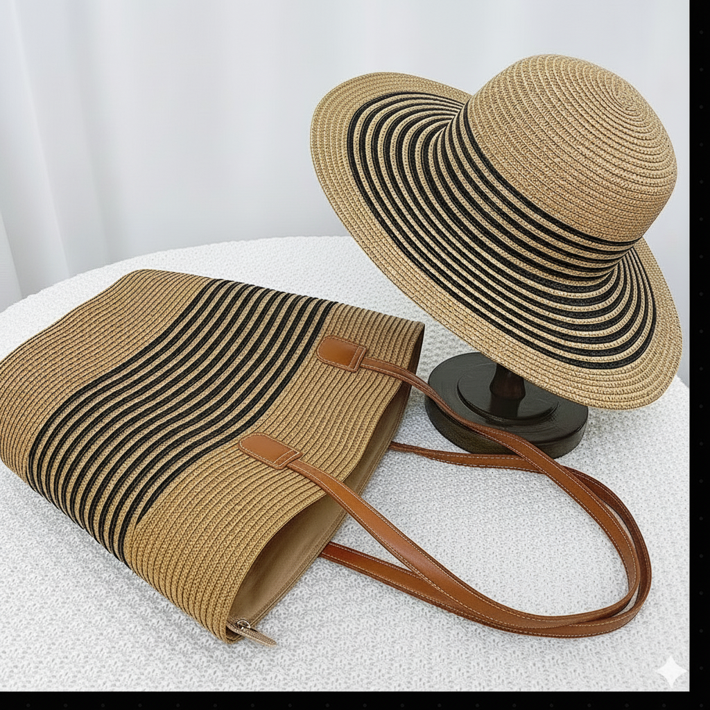 Bohemian Wide Brim Straw Hat and Bag Set – Women’s Summer Sun Hat with Matching Shoulder Bag, Beach and Travel Ready