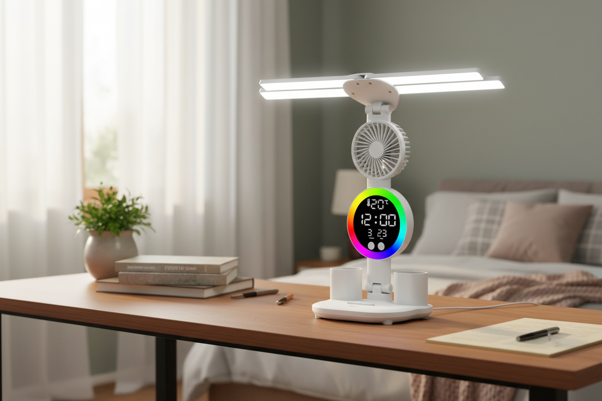 Smart Touch LED Desk Lamp with USB – Dual-Head Dimmable Reading Lamp with Fan and Night Light