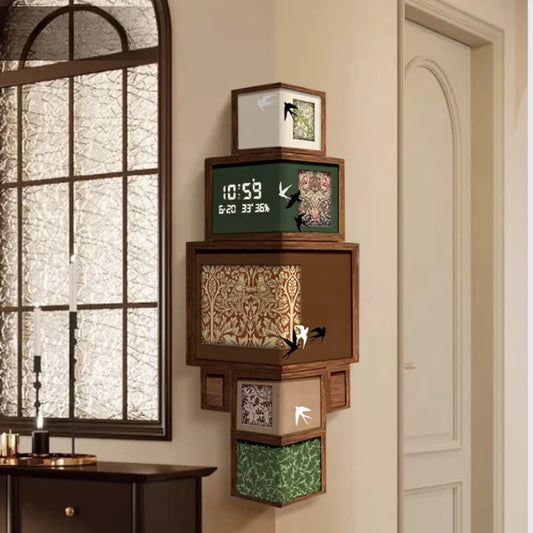 Antique Corner Wall Clock – Double-Sided Retro Decorative Electronic Clock with Artistic Mural Style for Living Rooms and Vintage-Inspired Interiors