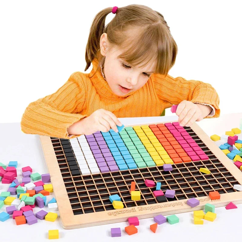 Colorful Wooden Mosaic Puzzle – 370-Piece Colorful Shape Pattern Pixel Board STEM Toy for Kids