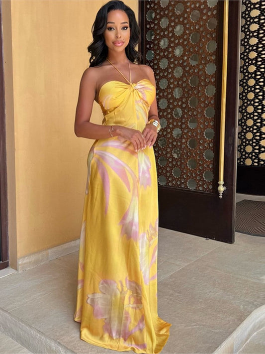 Yellow Halter Neck Maxi Sleeveless Dress - Beach Vacation Dress for Women, Elegant Summer Party Outfit with Flowing Design